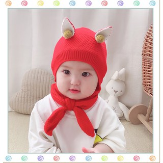 [FREESHIP đơn từ 0đ] Set mũ + khăn len tai mèo đính hạt bông nhỏ xinh cho bé (0-12m)