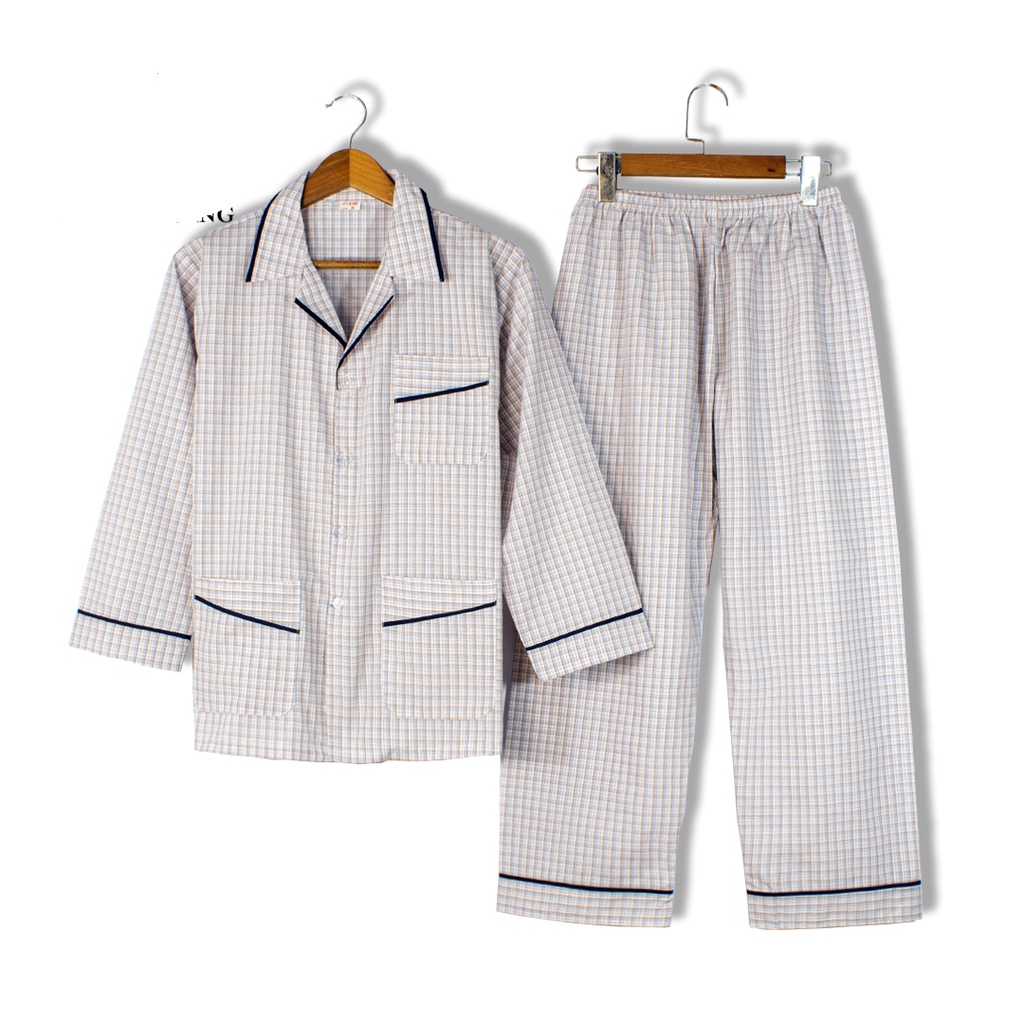 Bộ pijama nam dài tay trung niên vải cotton mặc mát thoải mái cho người già loại bộ đồ trung niên mặc nhà loại caro
