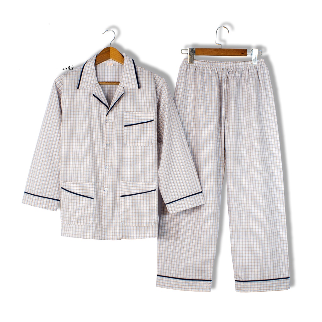 Bộ pijama nam dài tay trung niên vải cotton mặc mát thoải mái cho người già loại bộ đồ trung niên mặc nhà loại caro