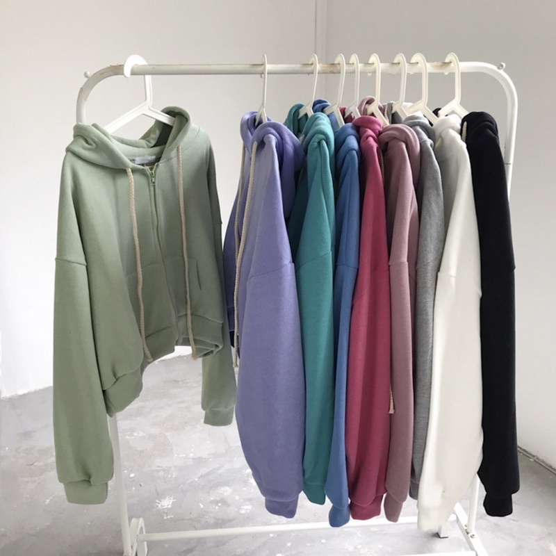 áo nỉ ngắn form rộng nữ, áo nỉ croptop tay dài phối nón (ulza1)