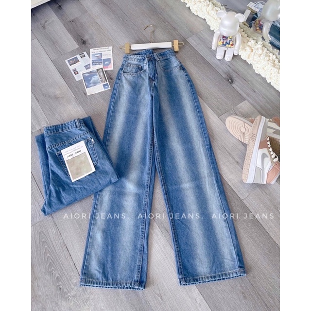 Quần Jeans Nữ AIORI Jeans Ống Rộng Lưng Cao Ulzzang Chất Bò Cao Cấp Dài 104cm