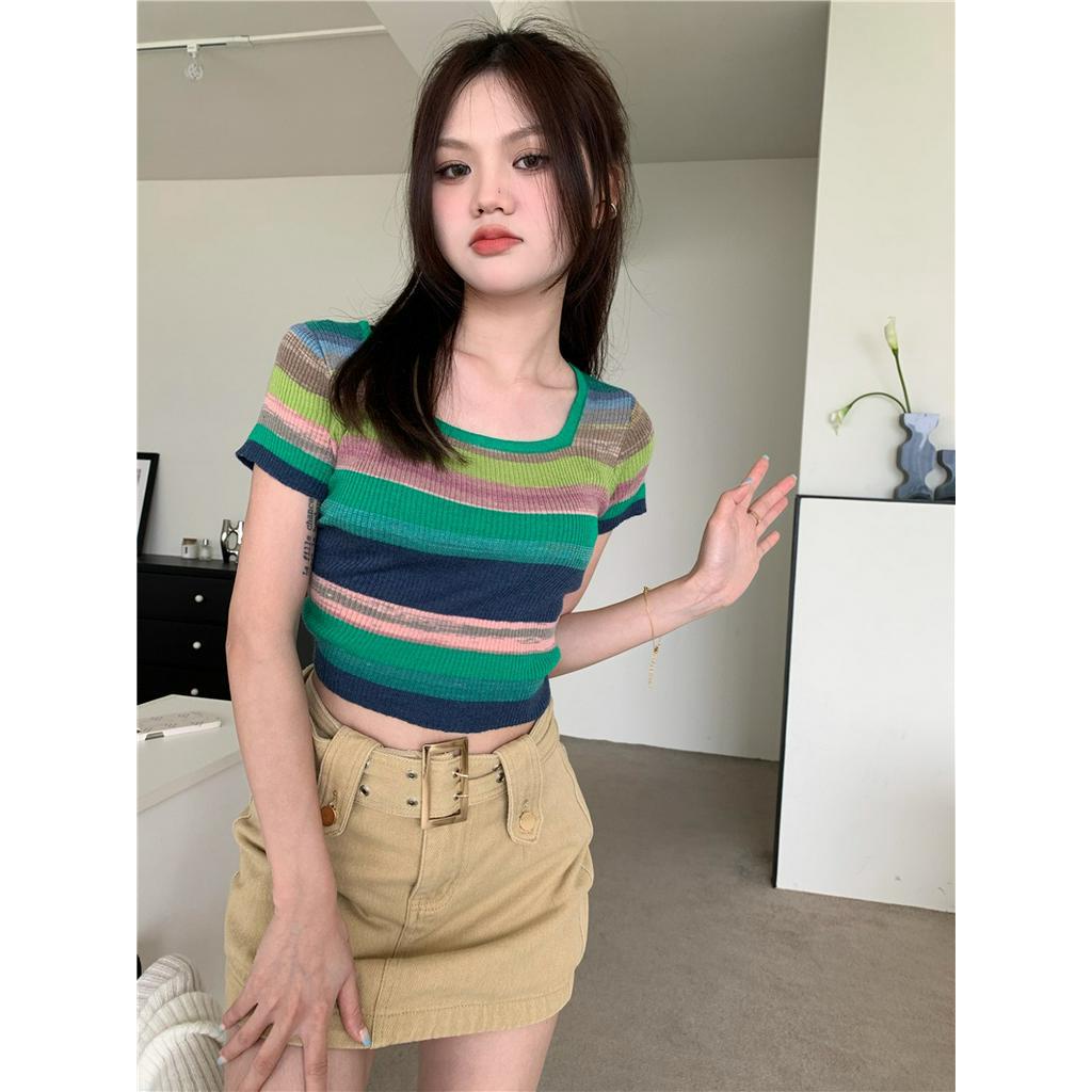 Áo sweater Mỏng Sáp Mềm Cổ Vuông Tay Ngắn Kẻ Sọc Màu Tương Phản Thời Trang Mùa Hè Cho Nữ