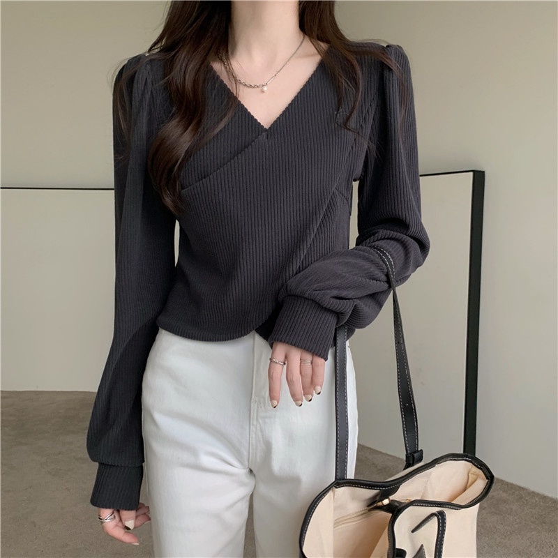 Áo Thun Lửng Tay Dài Cổ V Màu Nâu Phong Cách Retro Dành Cho Nữ