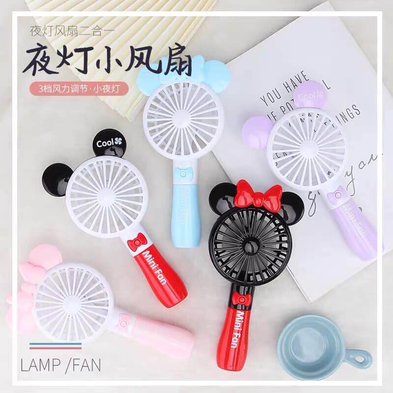 Quạt tích điện cầm tay mickey 3 chế độ có đèn LED