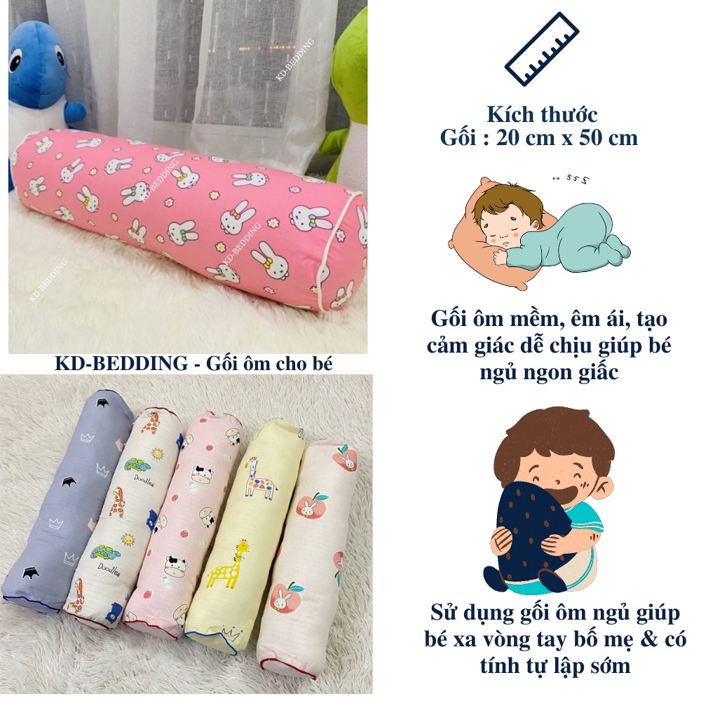 Gối ôm cho bé đi học, gối ôm trẻ em cotton cao cấp thoáng khí nhiều màu KD BEDDING kích thước 20cm x 60cm