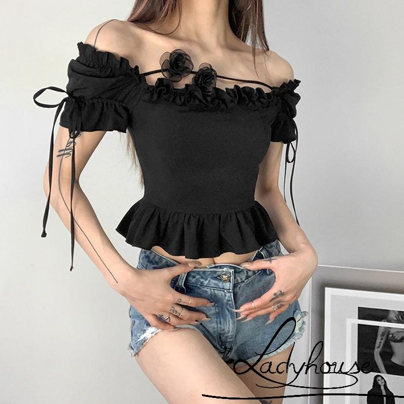 Áo Croptop Trễ Vai Tay Ngắn Màu Trơn Họa Tiết Hoa Thời Trang Mùa Hè Cho Nữ