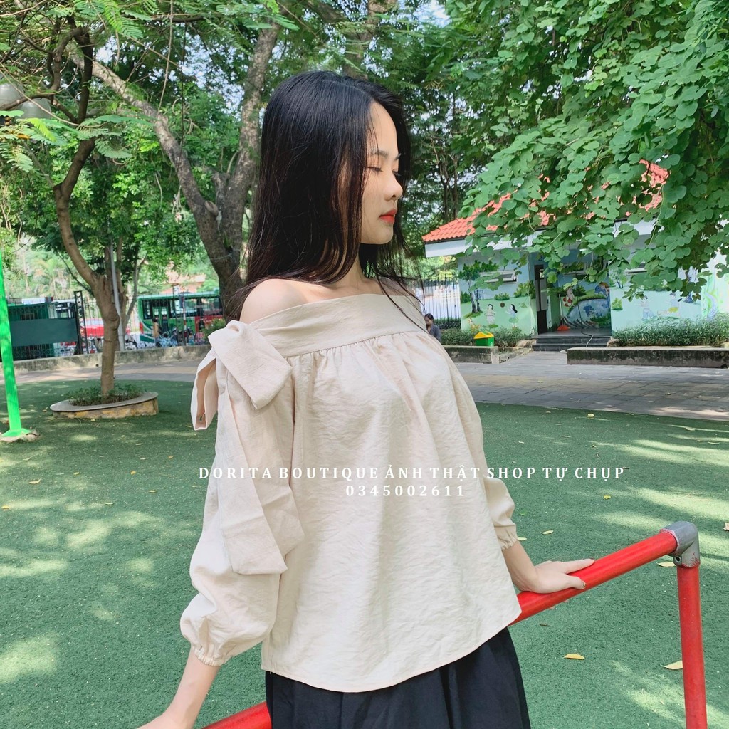 Áo thắt nơ trễ vai tay dài - Thắt nơ lệch điệu đà - Chất đũi hàn - Dorita Boutique | BigBuy360 - bigbuy360.vn