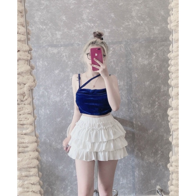 Áo 2 Dây Nhung Croptop Dây Chéo Ngực Nhún