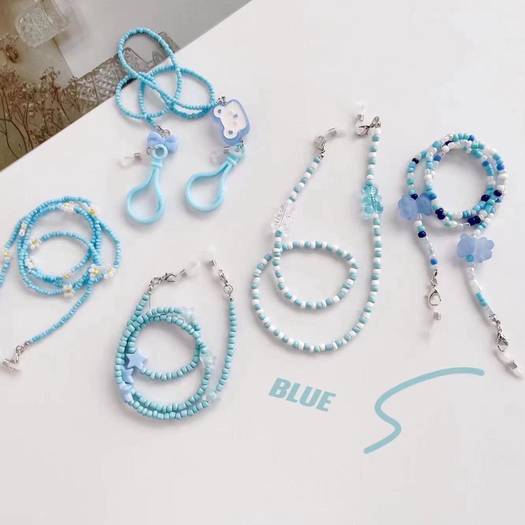 Dây Đeo Mắt Kính Xâu Hạt Xanh Dương Hình Gấu Hoạt Hình Đơn Giản Phong Cách Hàn Quốc Mới