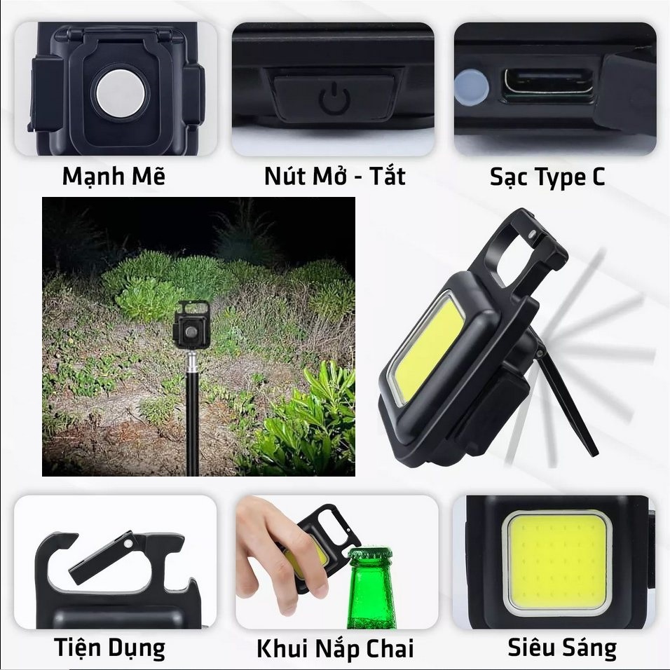 Đèn led mini COB 800 Lumens - Đèn pin siêu sáng có móc khóa đa năng chống nước, sạc usb tiện dụng