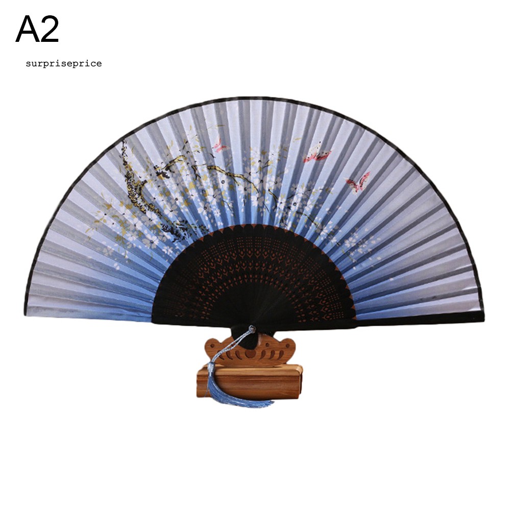 Quạt xếp cầm tay bằng tre với họa tiết hoa anh đào phong cách vintage