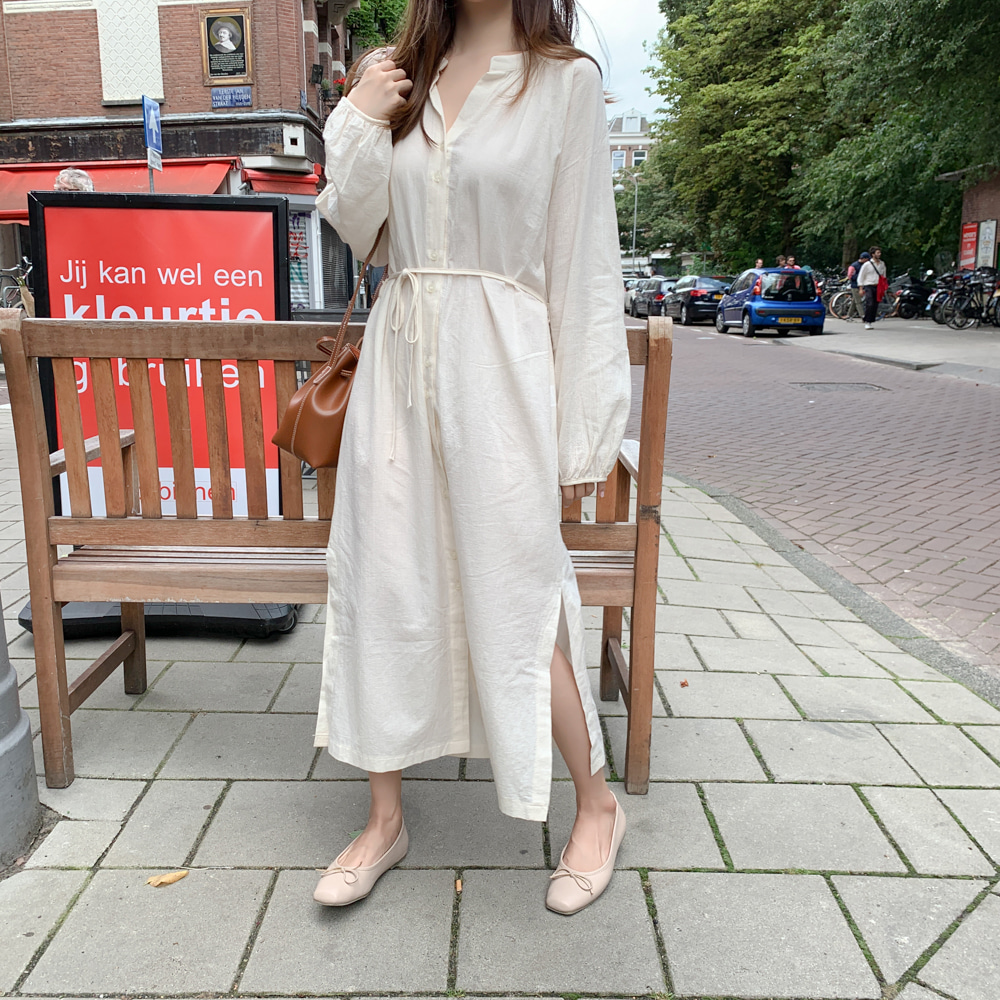 Váy midi tay dài cổ chữ V màu trơn đơn giản thời trang dành cho nữ 30323