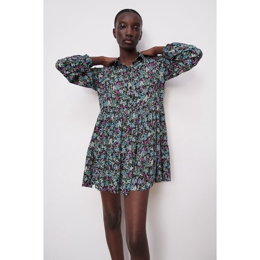 Váy baby doll hoa cổ sơ mi Zarraa canh sale, ảnh thật