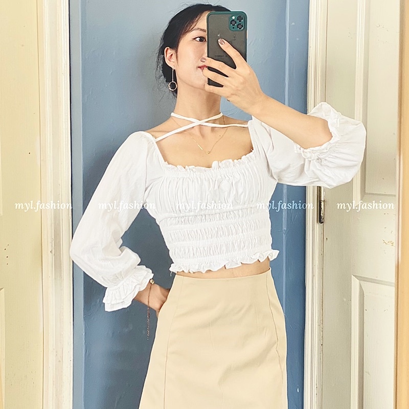 Áo croptop ulzzang trắng buộc dây cổ, áo croptop tay dài cổ vuông - myl.fashion