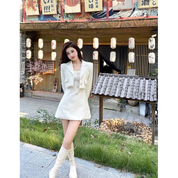 Set váy hai dây + áo khoác croptop dạ tweed sang chảnh