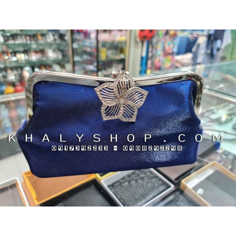 Bóp đầm clutch dạ hội dự tiệc sang trọng đeo chéo xách tay màu xanh kiểu khóa bông hoa đính hột lấp lánh cho bạn nữ