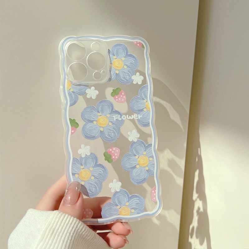 Ốp Điện Thoại Silicon Mềm Hình Hoa / Dâu Tây Màu Xanh Dương Gợn Sóng Cho Iphone X Xr 7 8 Plus 13 Pro Max 11 12 Mini XS Max