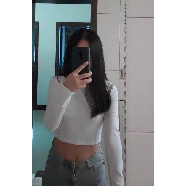 Áo Croptop Tay Dài In Chữ Phong Cách Hàn Quốc