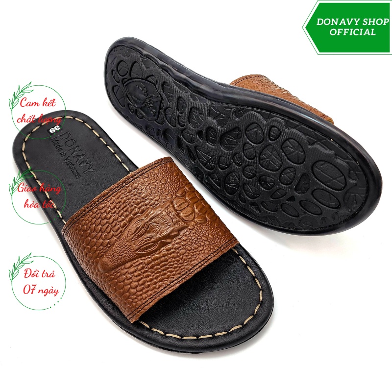 Dép Quai Ngang Da Bò Thật 100% - Kiểu Quai Cá Sấu May Handmade Chắc Chắn dcsdn