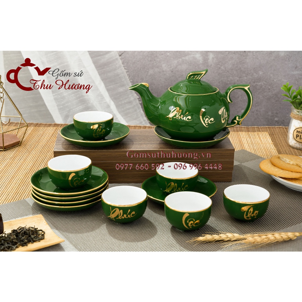 ấm chén Bát Tràng_Bộ trà ba chân Công phúc lộc thọ men ngọc lục bảo vàng kim