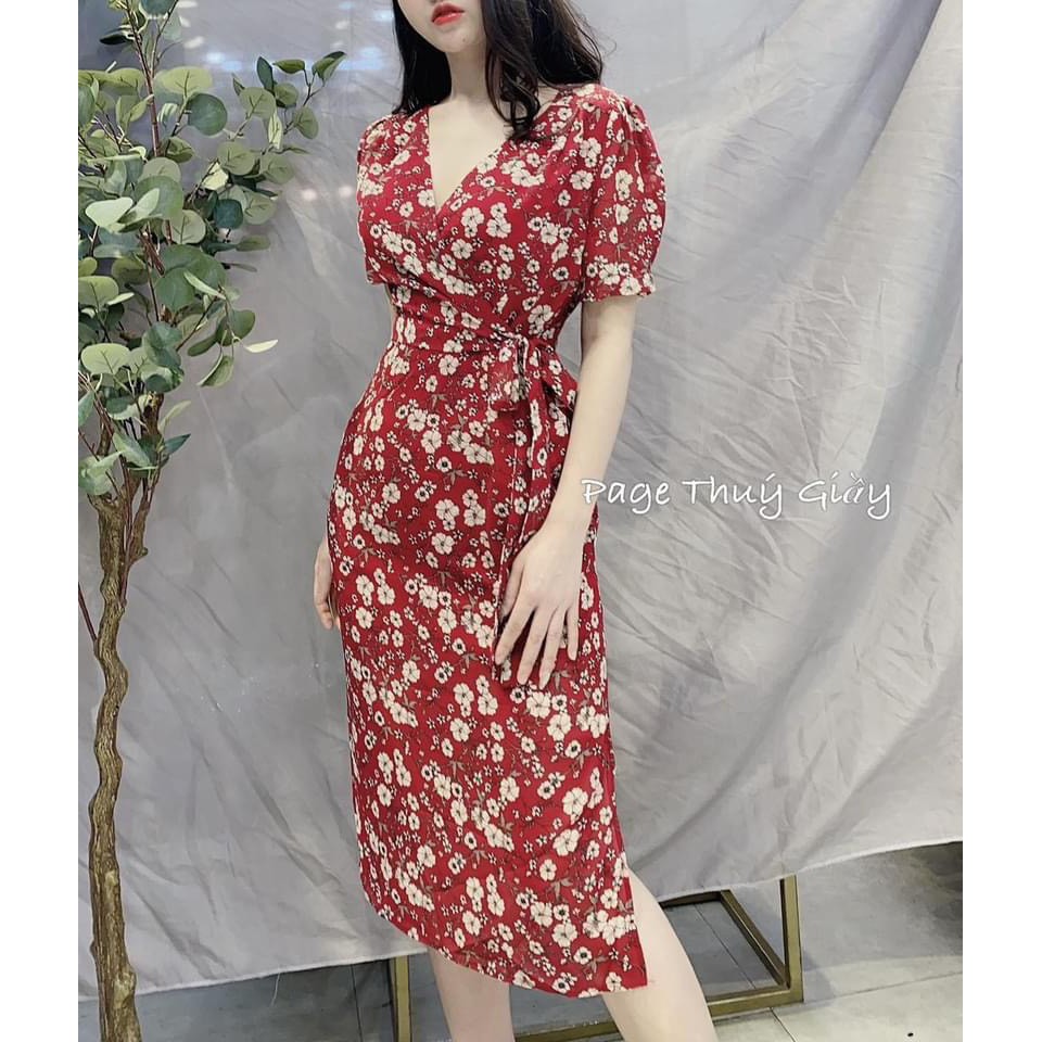 VN58 - VÁY HOA ĐỎ XANH BUỘC EO XẺ NỮ | BigBuy360 - bigbuy360.vn