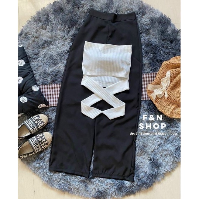 Set áo ống buộc nơ có mút ngực kèm quần ống rộng nút trước siêu hot- ann9399 | BigBuy360 - bigbuy360.vn