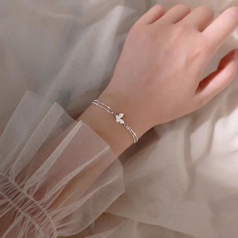 Vòng tay hai lớp mặt hình bướm đính đá lấp lánh màu bạc phong cách Hàn Quốc ngọt ngào cho nữ