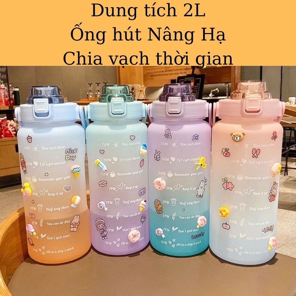 Bình Nước Chia Vạch Giờ Nhắc Uống Nước Dung Tích 2 Lít Có Ống Hút Nắm Chống Tràn