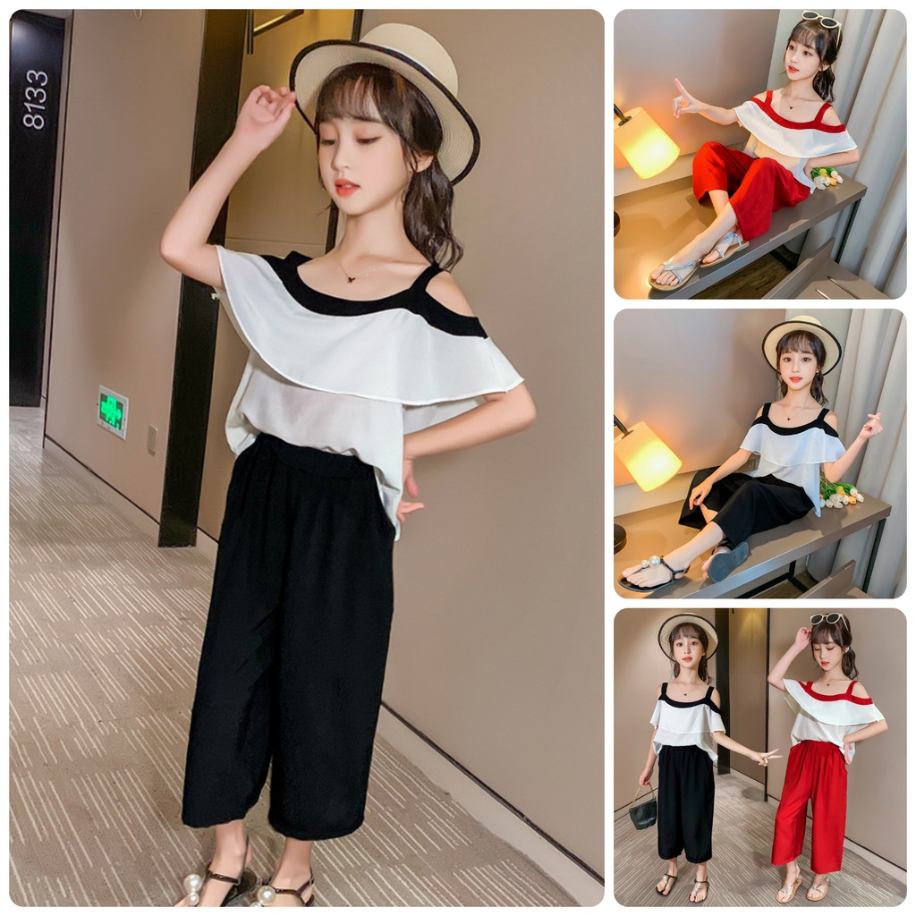 BV34a Size110-160 (12-45kg) Set bộ bé gái (áo sơ mi + quần ống rộng) Thời trang trẻ Em hàng quảng châu