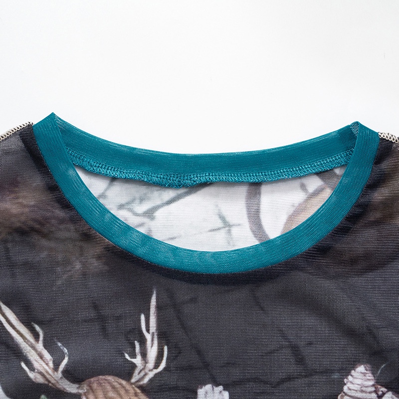 DUNEA Áo thun tay dài phối lưới in họa tiết xinh xắn thời trang cho nữ