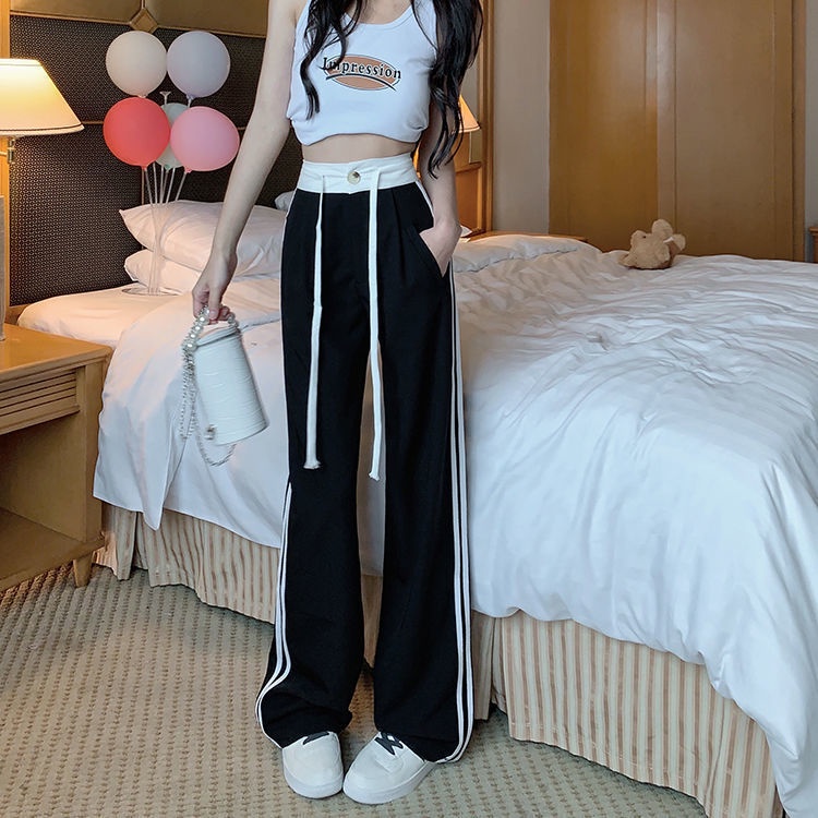 Quần Dài Lưng Cao Ống Rộng Màu Sắc Tương Phản Thời Trang Mùa Hè Cho Nữ