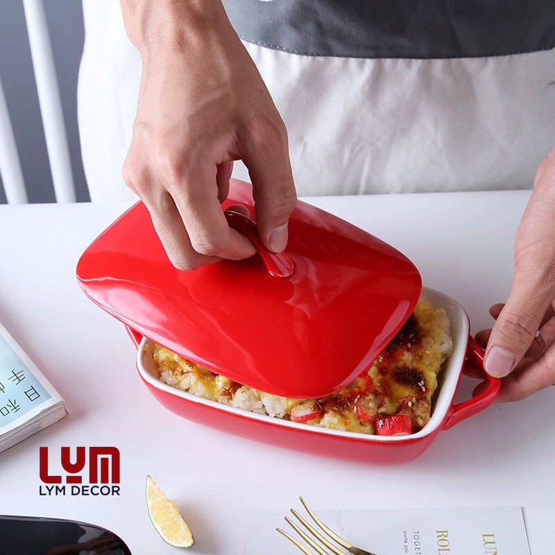 (XẢ LỖ) Thố nướng, thố bỏ lò chữ nhật có nắp 22.5cm - Chất sứ cao cấp không chì - Hàng xuất châu Âu