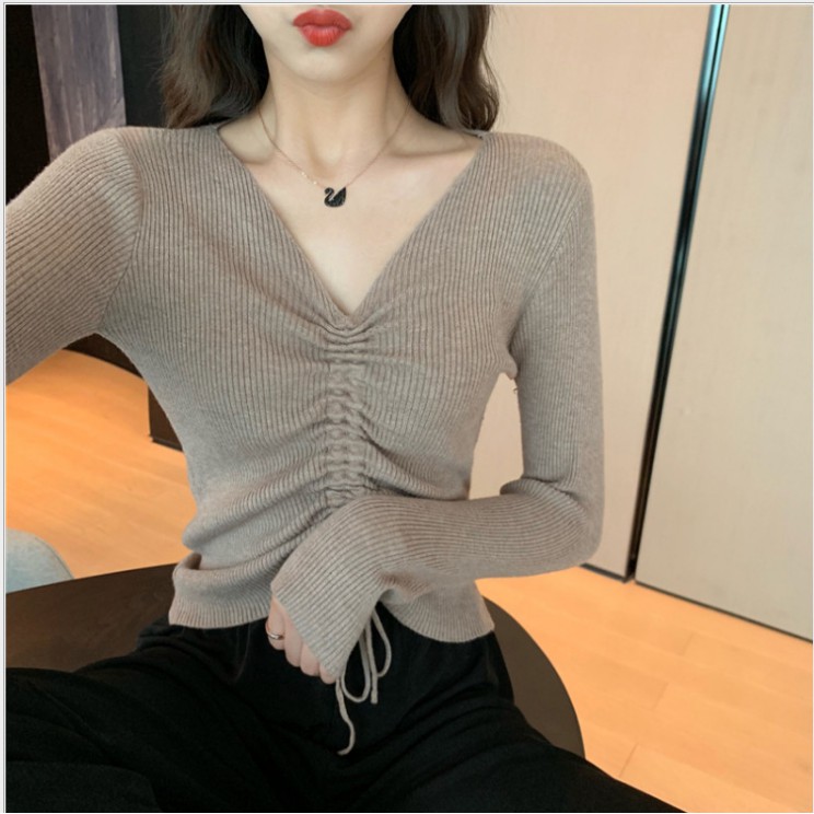 Áo nữ croptop FREESHIP đẹp tay dài cổ chữ V mã SP22 dây rút thời trang len hàn quốc cá tính