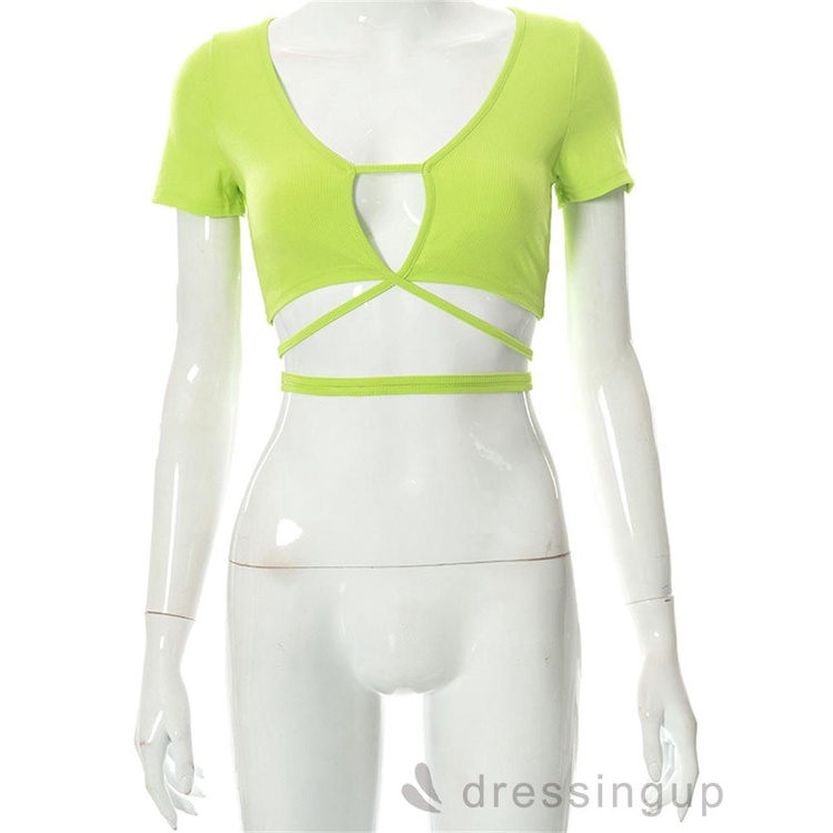 DRE-Women Summer Tops, Short Sleeve Solid Color Tie Up Waist Elastic Tops