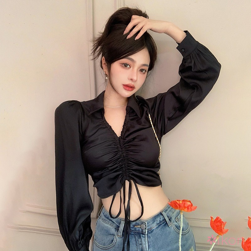 Áo Croptop Tay Dài Cổ Chữ V Màu Sắc Thanh Lịch