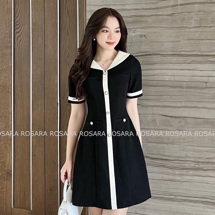 VÁY DÁNG CHỮ A CHIẾT EO ĐEN TRẮNG ROSARA V17