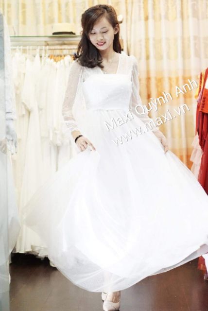 Đầm maxi dạ hội tay dài đính hạt sang trọng trắng, hồng - Hình thật Sp 100% | BigBuy360 - bigbuy360.vn