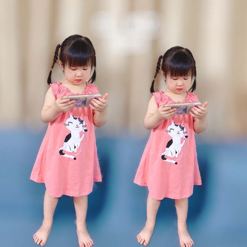 Váy Bé Gái ,Set 2 Váy Cotton Sát Nách Vàng Bi - Hồng Mèo Cho Bé
