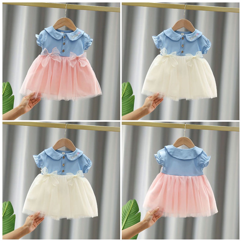 Đầm lưới   tay ngắn cổ búp bê thắt nơ eo thêu họa tiết xinh xắn dành cho bé gái 0-4 tuổi