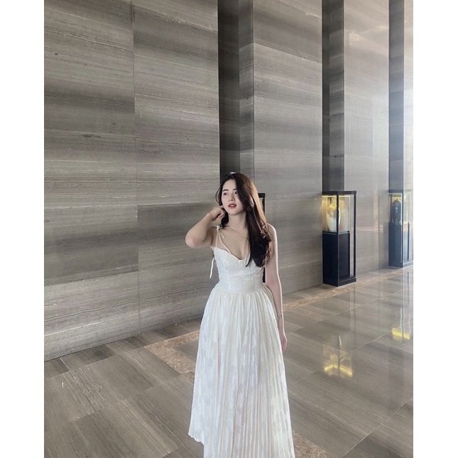 ĐẦM MIDI TRẮNG 2S CỘT VAI DẬP LY THÂN