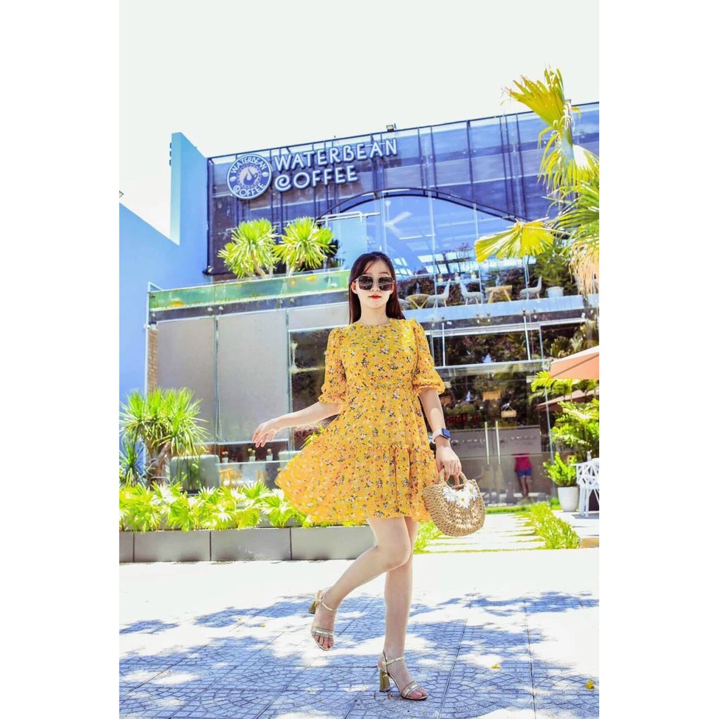 Đầm xòe lụa hàn họa tiết hoa nhí