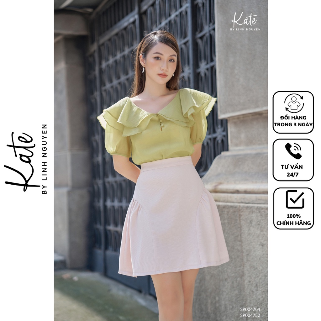 Áo sơ mi nữ tơ óng vân cổ bèo to 4764 chân váy A kem 4752 thời trang thiết kế KATE By Linh Nguyen