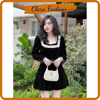 Váy nhung cổ vuông viền ren tay dài dáng xoè clara siêu xinh
