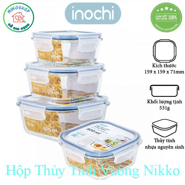 [3 Size] Hộp Đựng Thực Phẩm Thủy Tinh Vuông Nikko, Hộp Bảo Quản Thực Phẩm Vuông Inochi Cao Cấp | BigBuy360 - bigbuy360.vn