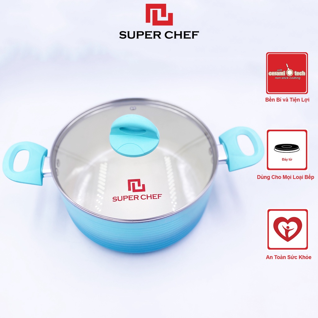 Nồi Chống Dính Ceramic Chef Blue Đáy Từ Cao Cấp, Kèm Nắp Kính (20-24cm)