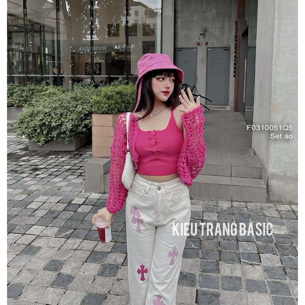 Set cặp áo len hồng áo khoác lưới tay dài kèm áo croptop gài nút ngực 2 dây hàng đẹp QC!