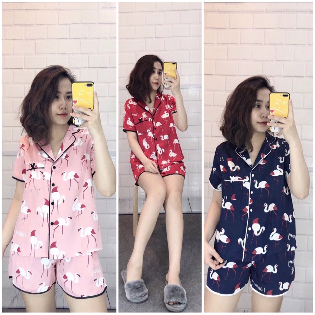 Bộ lụa đùi nữ mặc nhà hình Hạc