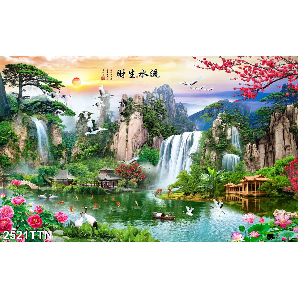 TRANH DÁN TƯỜNG 3D SƠN THUỶ HỮU TÌNH THÁC NƯỚC ĐẸP NHIỀU MẪU - TRANH NON NƯỚC HỮU TÌNH