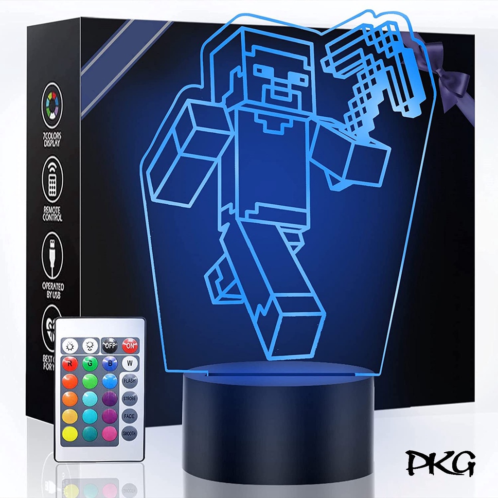 Đèn Ngủ Led 3D Hình MineCraft Quà Tặng Trang Trí cảm ứng có Điều khiển từ xa nháy sáng 16 màu