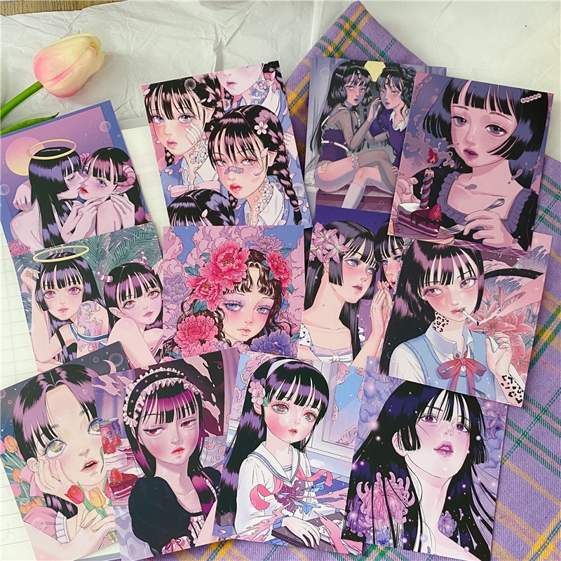 Postcard Set 9 Tấm Trang Trí Anime Girl Retro Vibe